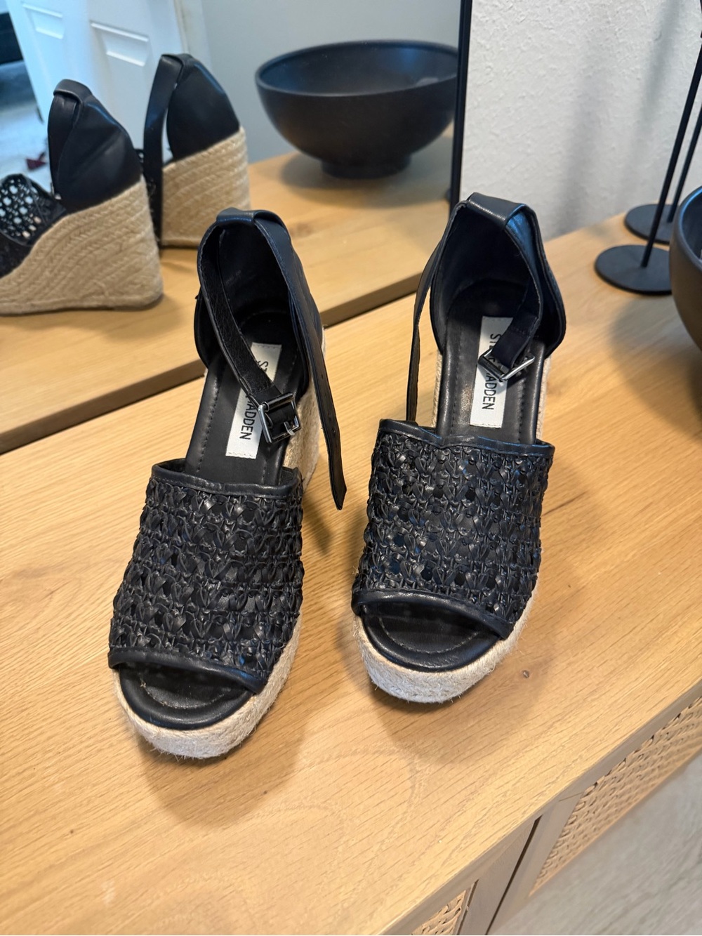 Steve Madden Black Woven Espadrille Wedge Sandals with Ankle Tie